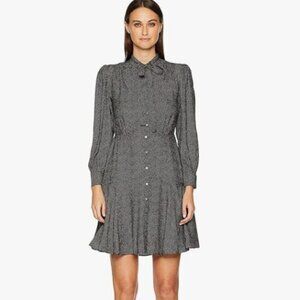 Rebecca Taylor Black & White Sprinkle Dot Tie Neck Long Sleeve Silk Dress NWT